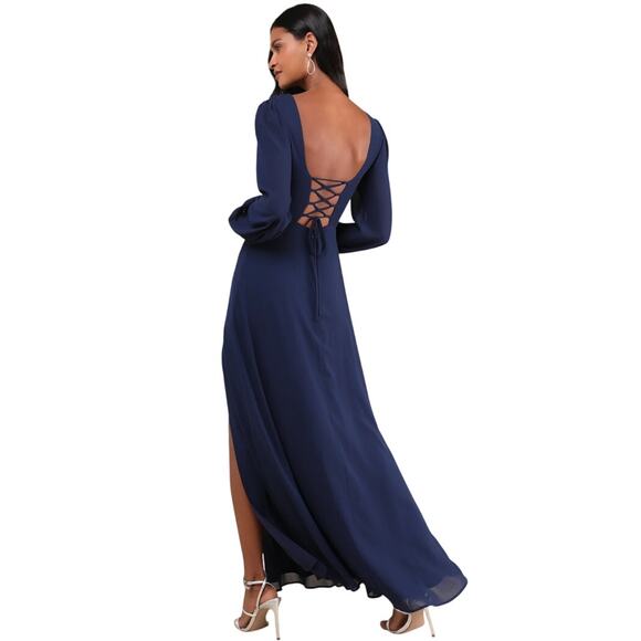 LULUS Marvelous Affair Navy Blue Pleated Lace-Up Long‎ Sleeve Maxi Dress-Size L - Picture 5 of 9
